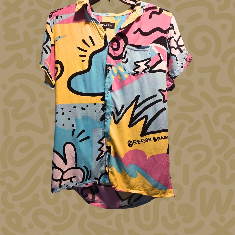 REASON Brand Abstract Graphic Button-Up Shirt - Size M